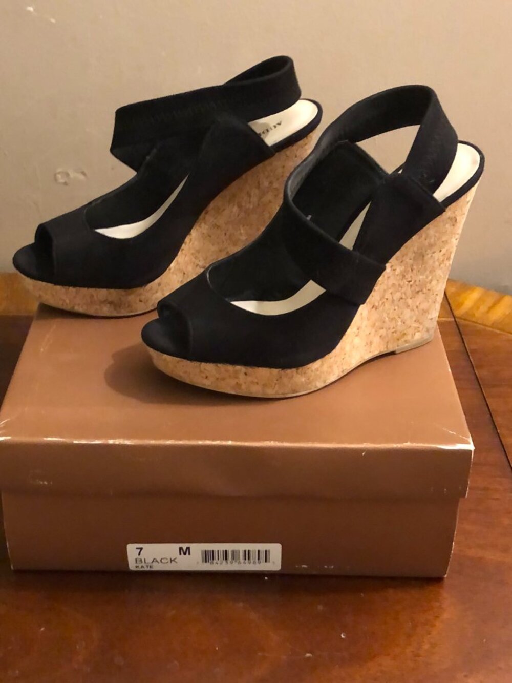 Audrey Brooke Kate Black Cork Wedge Sandals Peep Toe 7M - Picture 3 of 8